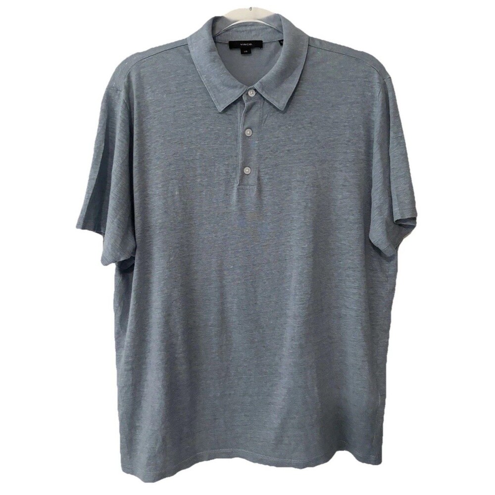 Vince Men's 100% Linen Polo Short Sleeve Shirt Heather Blue Size Large L Summer